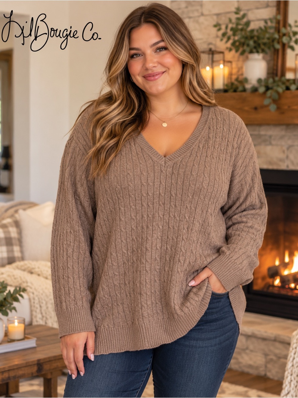 Kim Rogers Woman 2X Brown Taupe Cable Knit V-Neck Sweater Plus Size Cotton